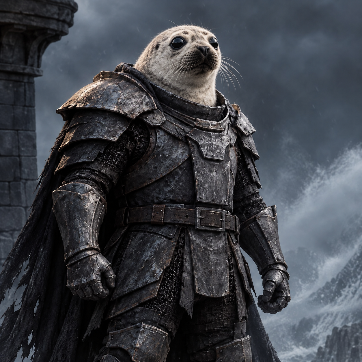 A white seal knight in weathered steel armor beneath a northern sky